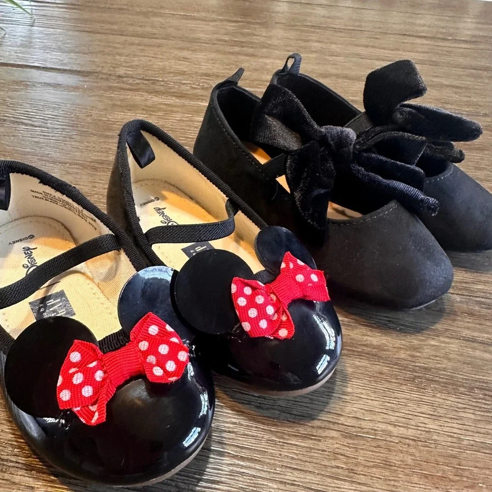 Baby Girl Disney Minnie Mouse Black Ballet Flats Bundle‎ of 2 Shoes Size 6-7